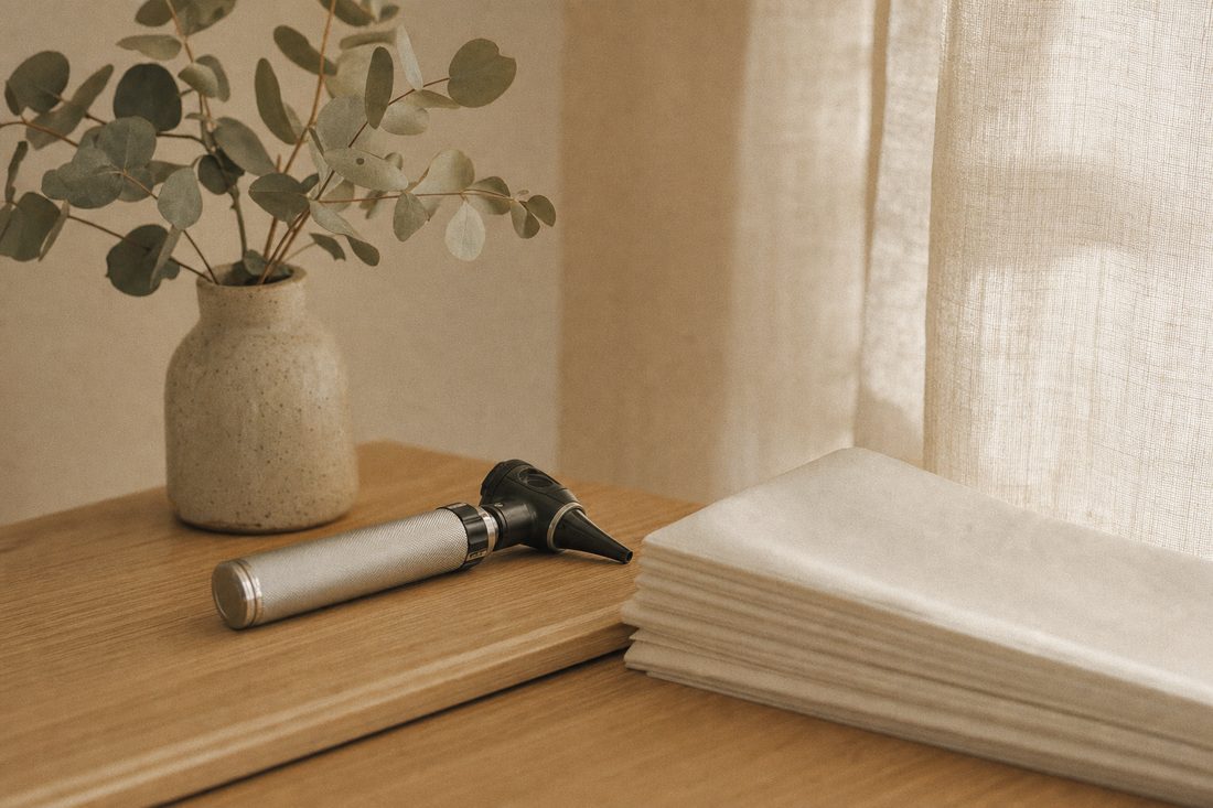 An otoscope and folded exam table paper beside a linen curtain in soft daylight.